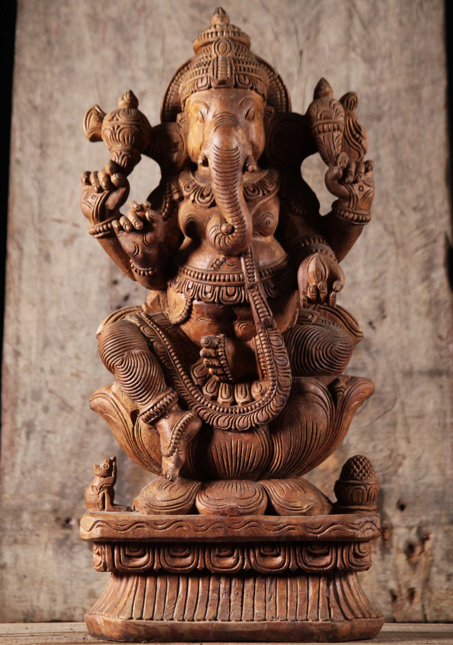 Natural Wood Ganesh Statue with Rat 24"